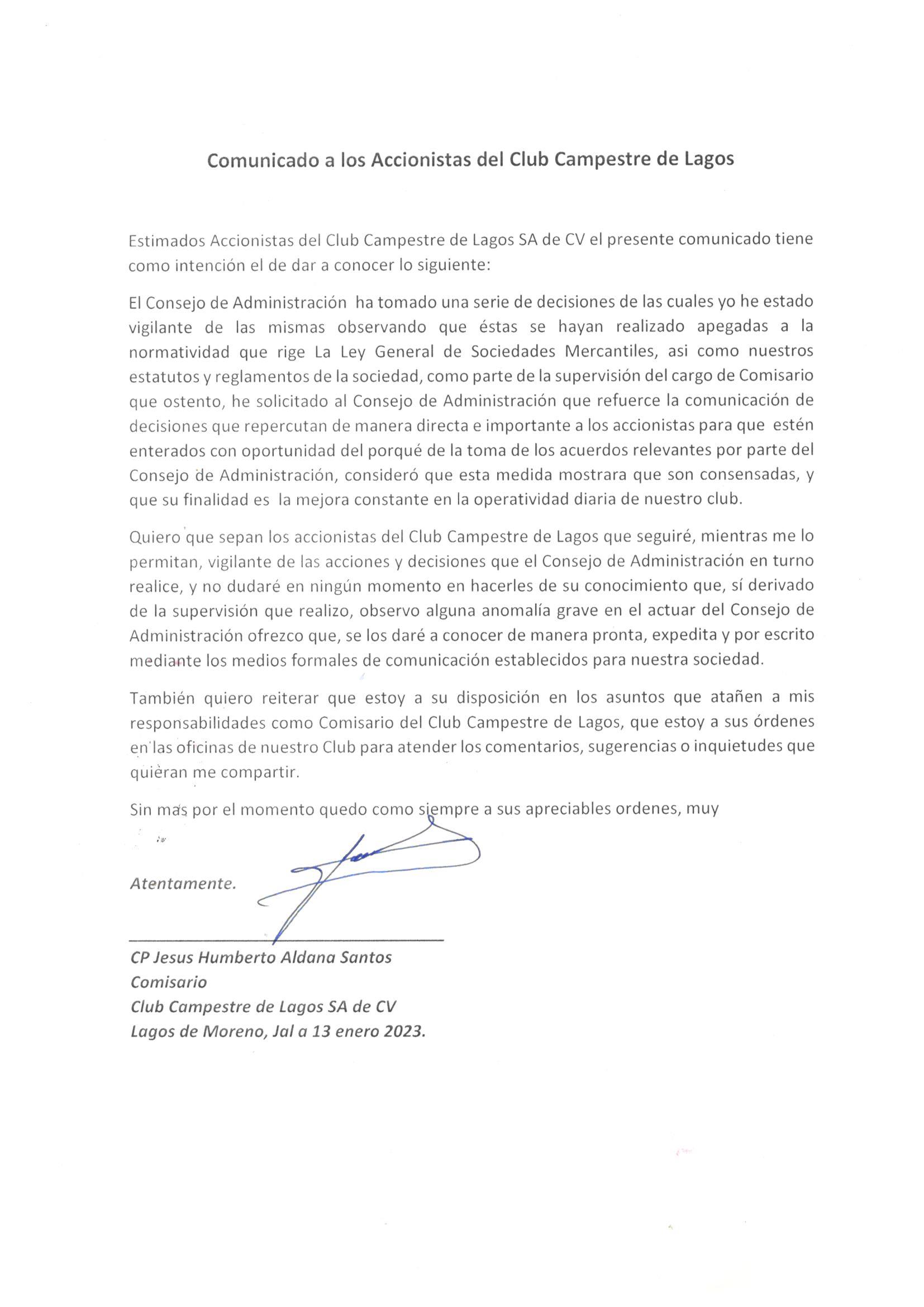 COMUNICADO A LOS ACCIONISTAS DEL CLUB CAMPESTRE